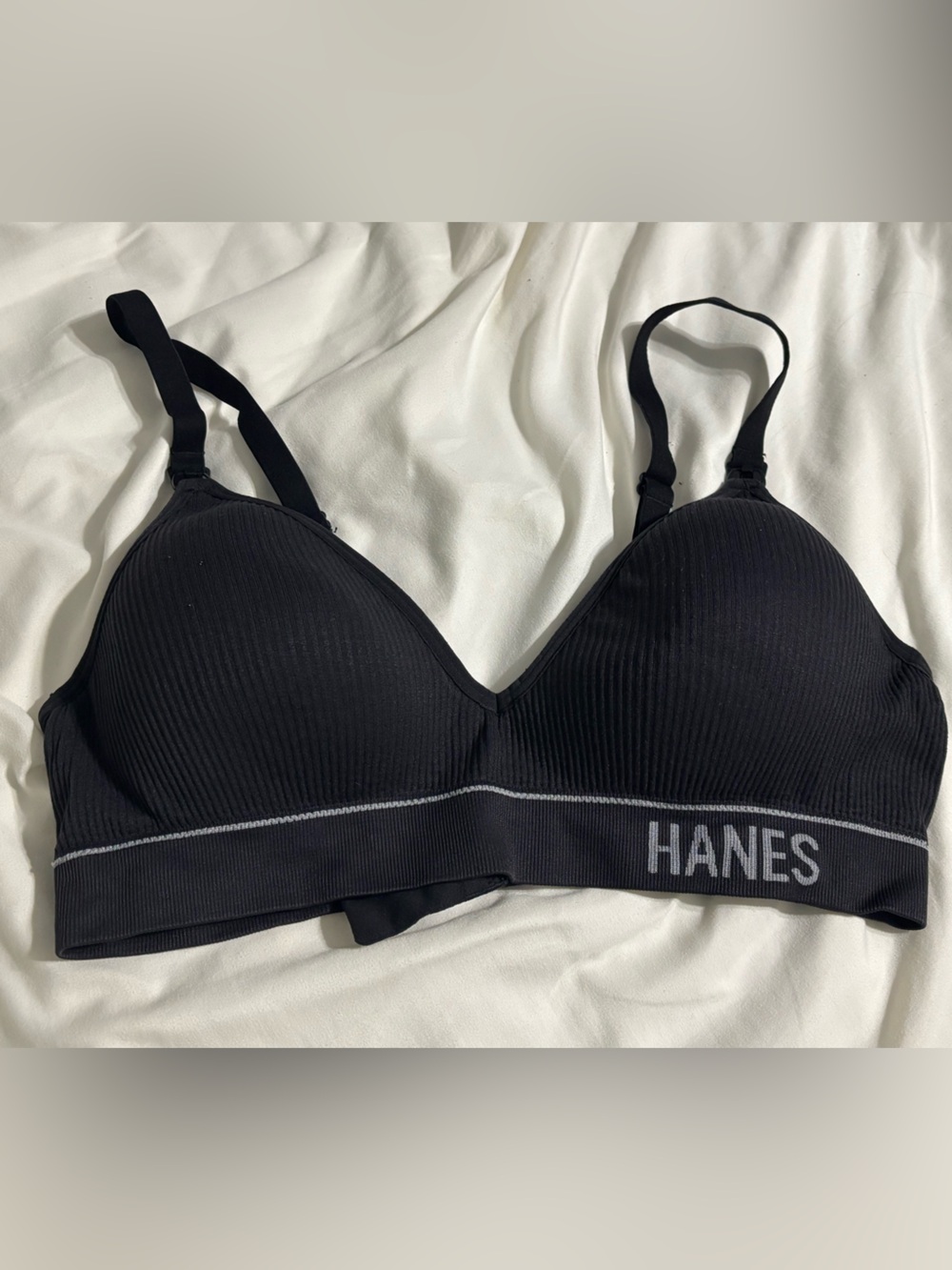 Hanes Black Ribbed Wireless Comfort NURSING Bra with Gray Logo Band